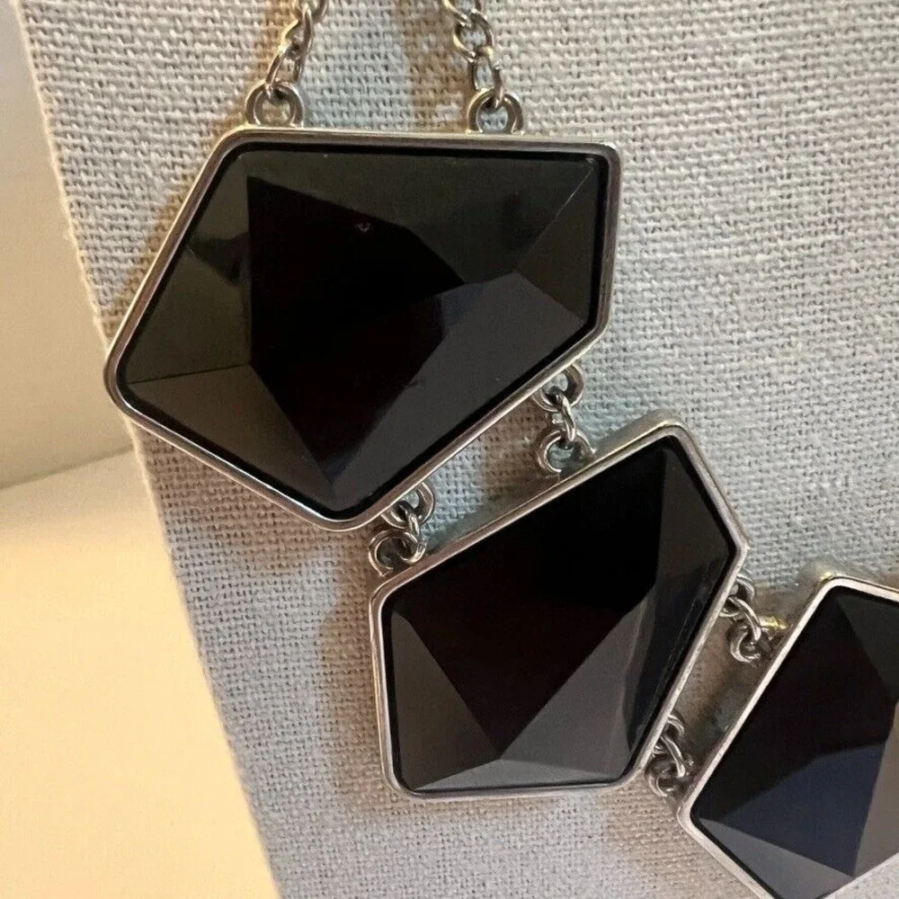 Chunky Black Geometric Statement Necklace Double Chain‎ Faceted Stones Edgy Glam